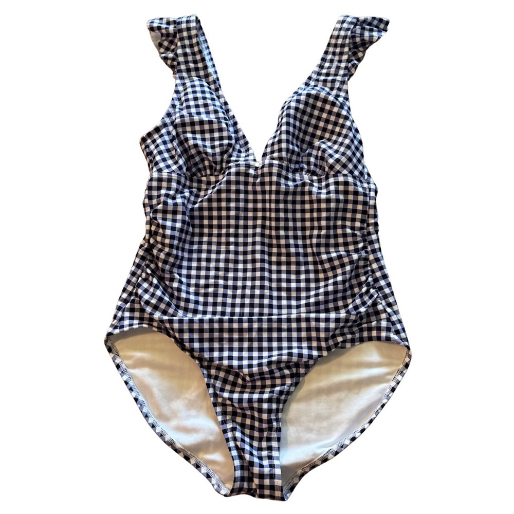 Kona Sol Gingham Blue and White one piece bathing suit size M